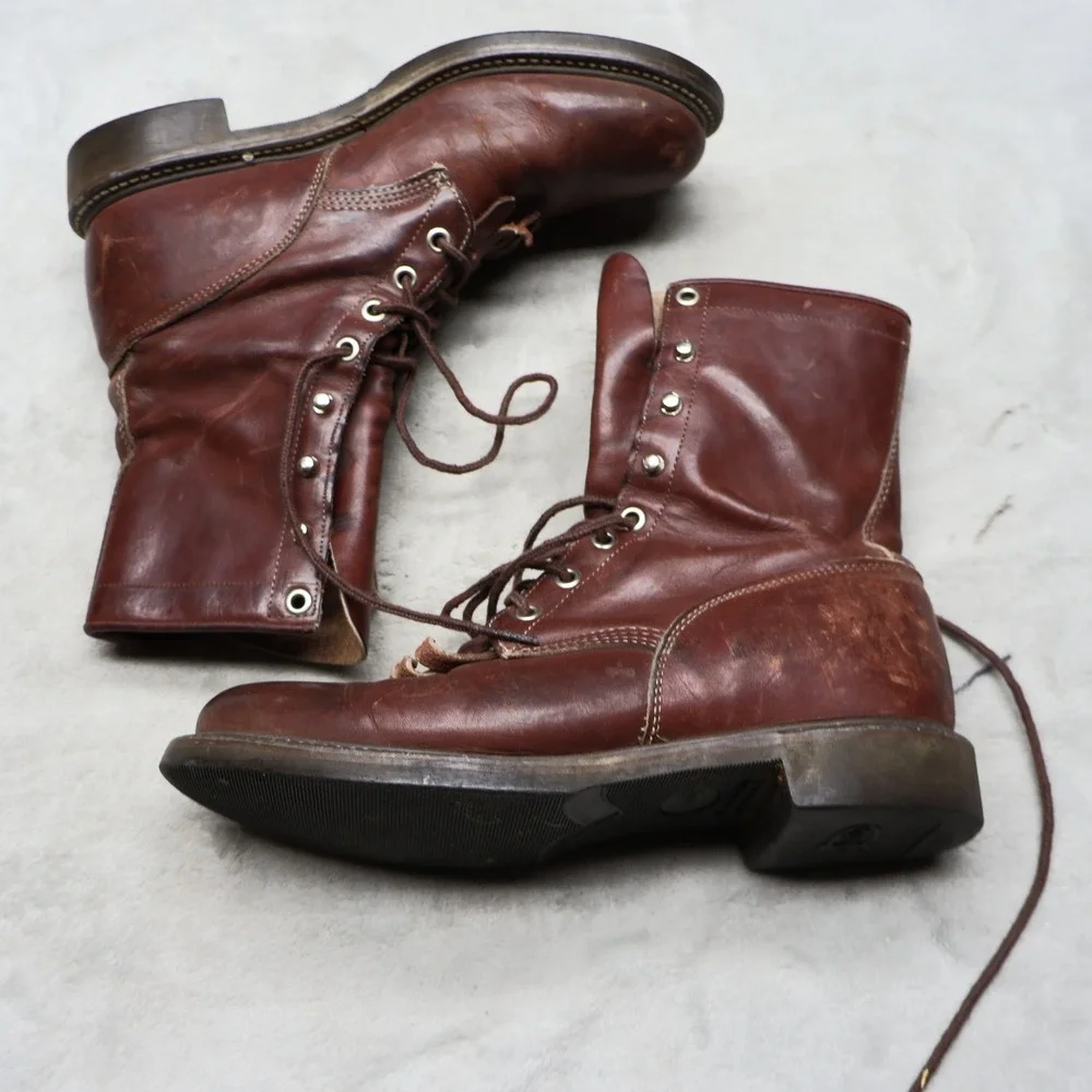 Justin‎ Mens 7.5B Roper Boots Red Leather Lace Up Kiltie Rugged Workwear VTG USA